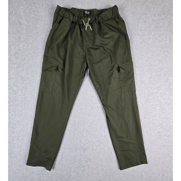 Boohoo Man Pants Size Large Green Cargo Elastic Waist Drawstring Pockets - Picture 1 of 13